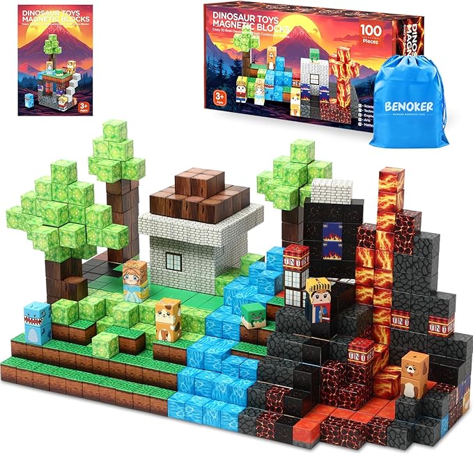 Dinosaur Magnetic Blocks,Dino Volcano World Magnet Building Toys, Sensory Montessori Toys for STEM Learning, Toddler Gift for Boys & Girls Age 3-4 4-5 6-8