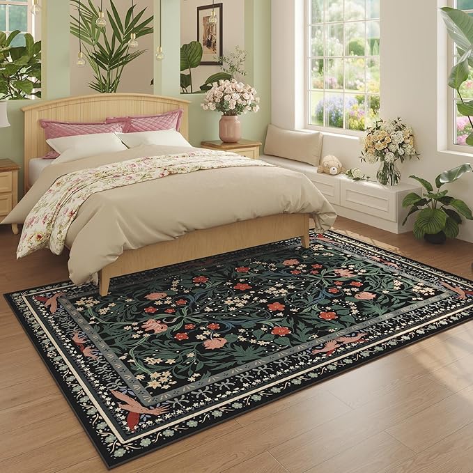 5x7 Washable Rug Vintage Floral Botanical Area Rug Non Slip Low Pile Large Rugs for Living Room, Bedroom, Farmhouse, Dining Room, Kids Playroom, Black