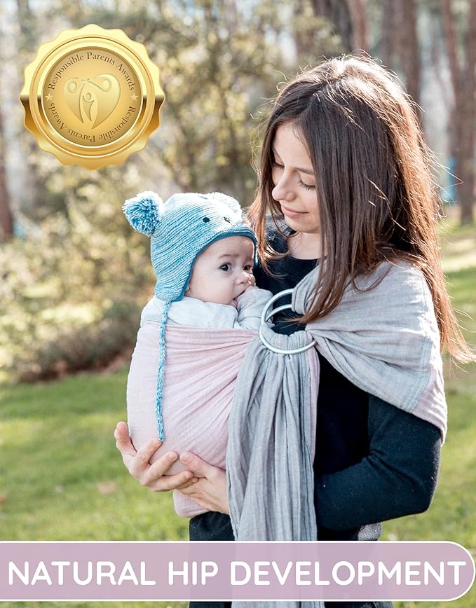 Baby Sling Carrier – Breathable 100% Cotton Wrap for Infant Support, Ring Sling Baby Carrier – Adjustable Muslin Fabric, Baby Carrier Newborn to Toddler – Grey Rose Soft Chest Hold for Travel
