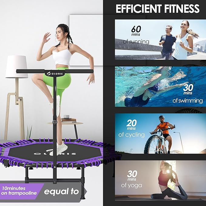 CLORIS 38in/48in Folding Trampoline - Max Load 220lbs / 450lbs Mini Trampoline Rebounder Trampoline for Adults with Adjustable Foam Handle, with safty Padded Cover Best Gift for Kids/Adult