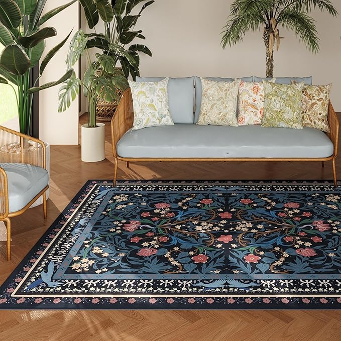Area Rug 4x6 Rug Washable Vintage Floral Botanical Rugs Non Slip Low Pile Small Carpet for Bedroom, Bedside, Kids Room, Office, Dining Room, Blue