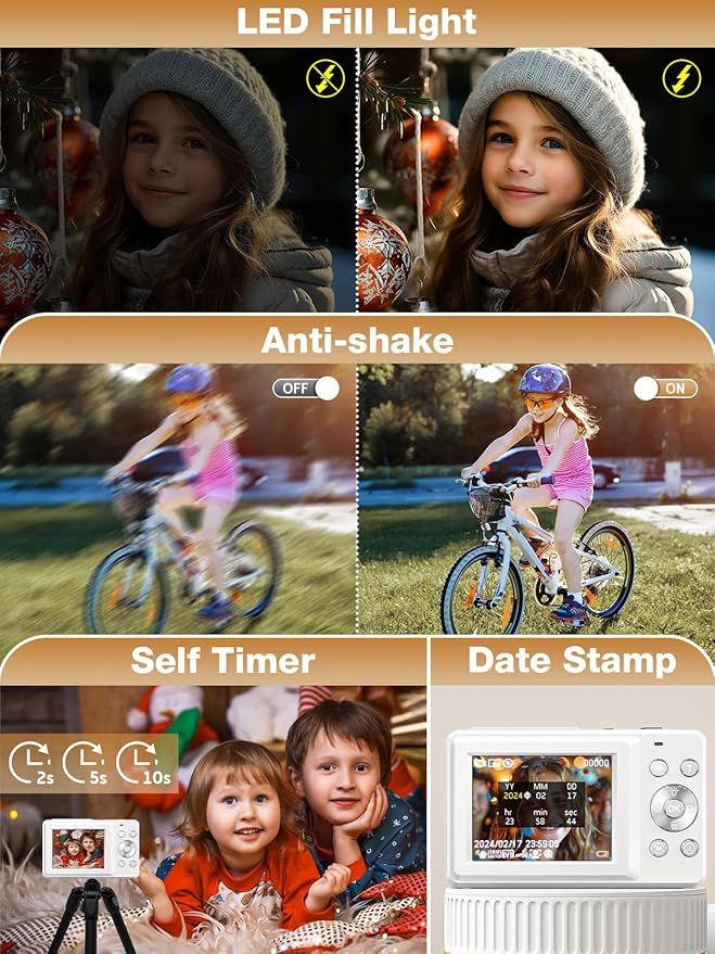 Digital Camera,FHD 1080P Kids Camera 44MP Point and Shoot Digital Cameras with 32GB Card,16X Zoom,Anti-Shake,Date Stamp,Compact Small Cameras Photography for Kids Student Teen Girl Boy(White)