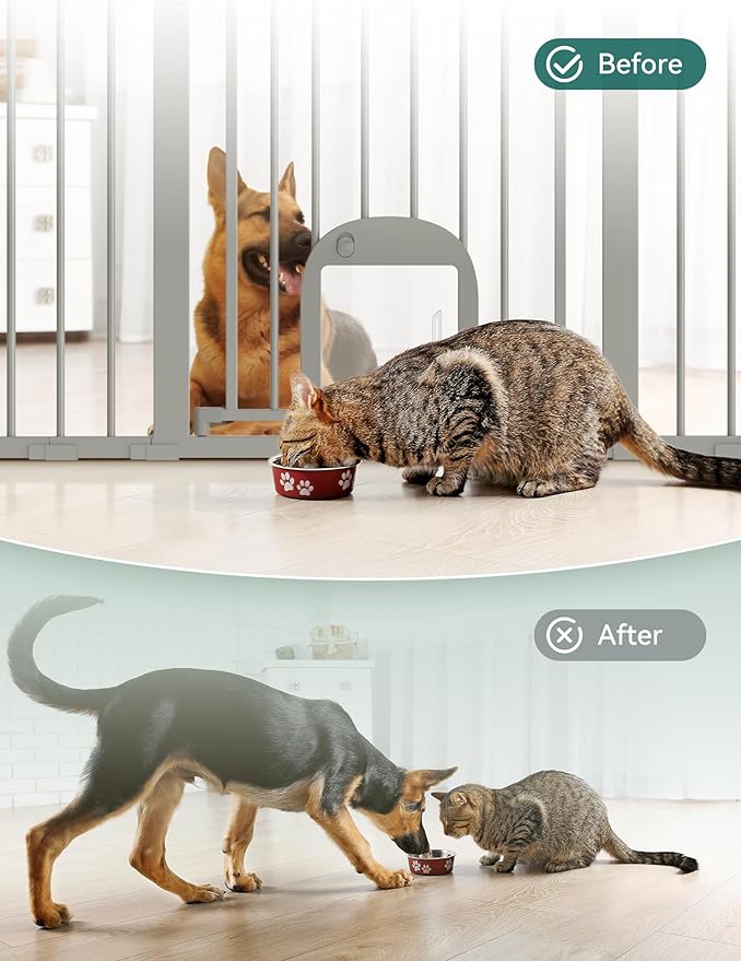 Babelio 29-48" Extra Wide Baby Gate with Adjustable Cat Door,Easy Install Pressure/Hardware Mounted,Auto Close Pet door for Stairs,House,Doorways,Effortless Walk Thru,Gray