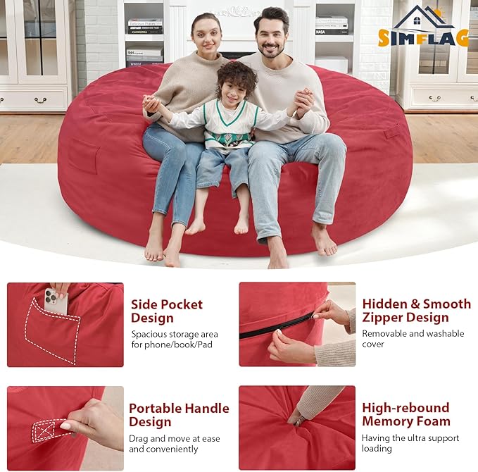 7FT Bean Bag Chair, Large Bean Bag Chairs with Memory Foam Filled, Fluffy Beanbag Sofa with Dutch Velvet Cover, Round BeanBag Chairs for Living Room, Playroom - Red