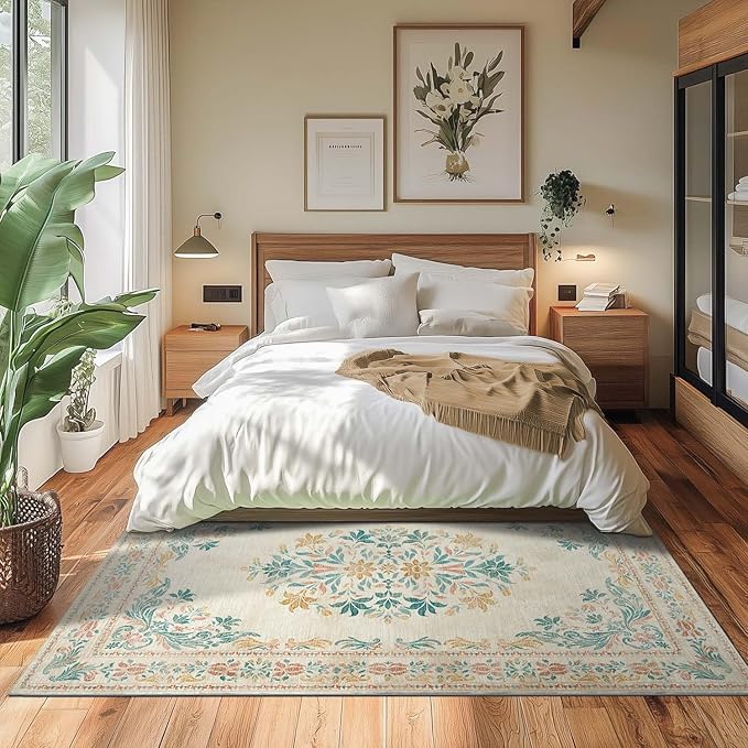 jinchan Floral 5x7 Area Rugs for Nursery - Machine Washable Vintage Distressed Design Soft Ultra-Thin Low-Pile Non-Slip Kids Carpet for Bedroom Living Room Dining Room Home Office (5x7ft,Apricot)