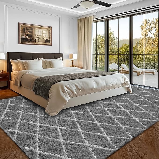 Fluffy Rug for Bedroom, 4X6Feet Super Soft Rug, Stripe Checkered Anti-Skid High Pile for Living Room Bedroom Kids Room Nursery, Dorm Home Decor