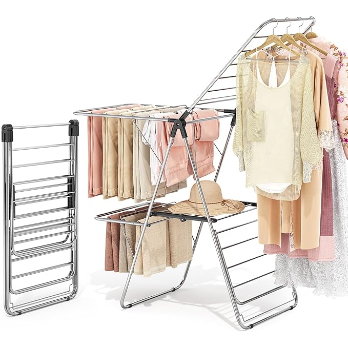 APEXCHASER Clothes Drying Rack with 4 Wings, Stainless Steel Drying Rack Clothing with Height-Adjustable, Foldable Gullwings Laundry Drying Rack, Indoor Outdoor Use, No Assembly, Black