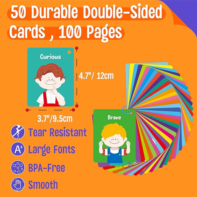 Emotions Flashcards, 50 Different Feelings with Coping Skills-Learn to Identify Various Moods, Cartoon Faces Emotions for Kids with Autism, ADHD -Emotion Flipbook for Therapy, Home Use