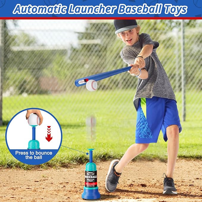 3-in-1 Baseball Set for Kids: Hanging Batting Tee + T Ball Stand Set Auto Ball Launcher for Toddlers & Youth Adjustable Height with 6 Balls 2 Bats Outdoor&Indoor Toys Sports Gifts for 3-12 Years Old