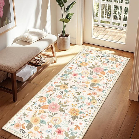 Floral 2x6 Area Rug Machine Washable Soft Print Boho Carpet Non Slip Doormat Low Pile Flower Area Rugs for Living Room Bedroom Nursery Kitchen Dining Room Indoor-Beige/White/Orange