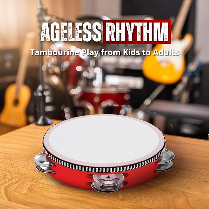 Flexzion Wood Handheld Tambourine Adults 6-Inch Double Row 8-Pair Jingles (Red) - Percussion Round Tamborines Musical Instrument with Metal Zills