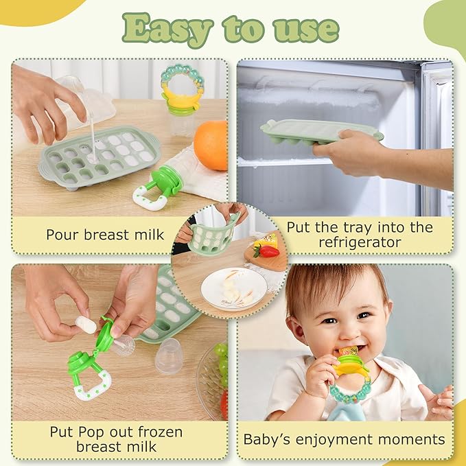 Baby Fruit Feeder & Baby Breastmilk Popsicle Molds-WAJIAYON Silicone Babies Food Freezer Tray Storage Containers, Infant Food Pacifier Feeder and Teether Infant Teething Feeders-Green