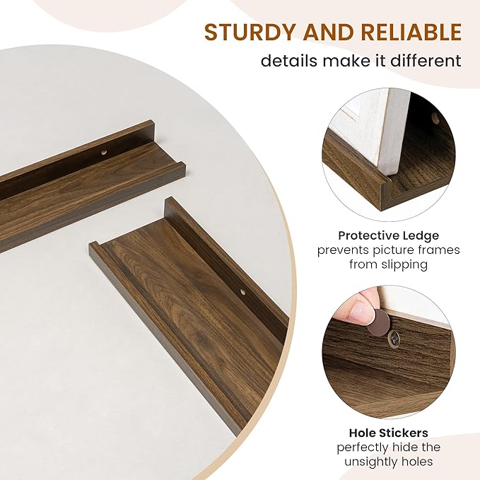 Axeman Picture Ledge Shelf, Floating Shelves for Wall Decor Storage Set of 6, 48 inch Floating Wall Mounted Shelves, Wall Shelves with Lip for Living Room, Bedroom, Nursery, Bathroom, Kitchen, Walnut