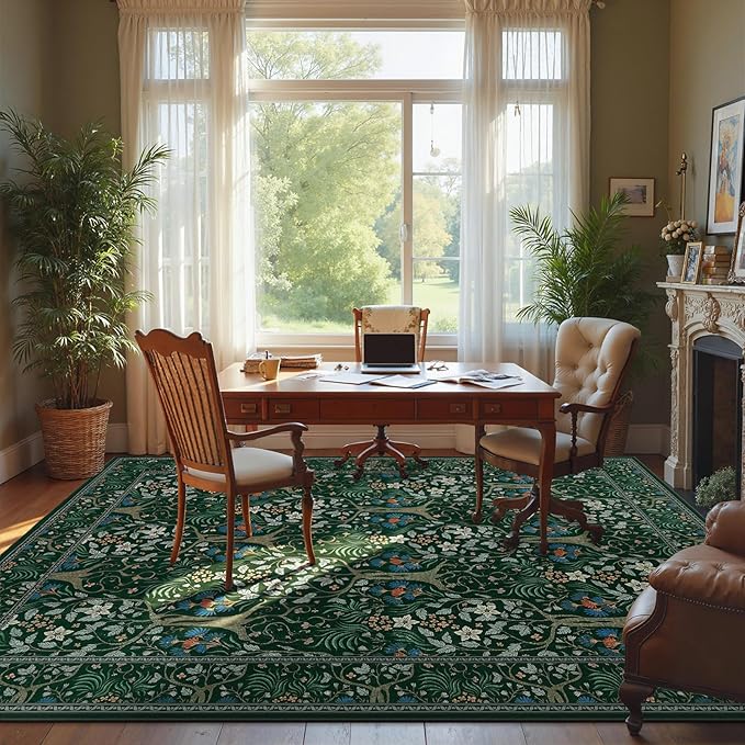 Joydeco Boho Floral 8x10 Area Rugs for Living Room, Washable Dark Green Rug Non Slip, Soft Large Low-Pile Botanical Forest Indoor Floor Throw Carpet for Bedroom Nursery Dining Office