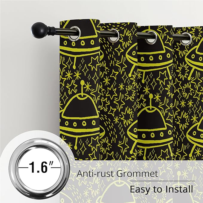 Kids Space Blackout Curtains - 100% Blackout, Thermal Insulated, Noise Reducing, UFO Design, Perfect for Kids Room and Nersury, 2 Panels (Neon UFO Night, W52×L84)