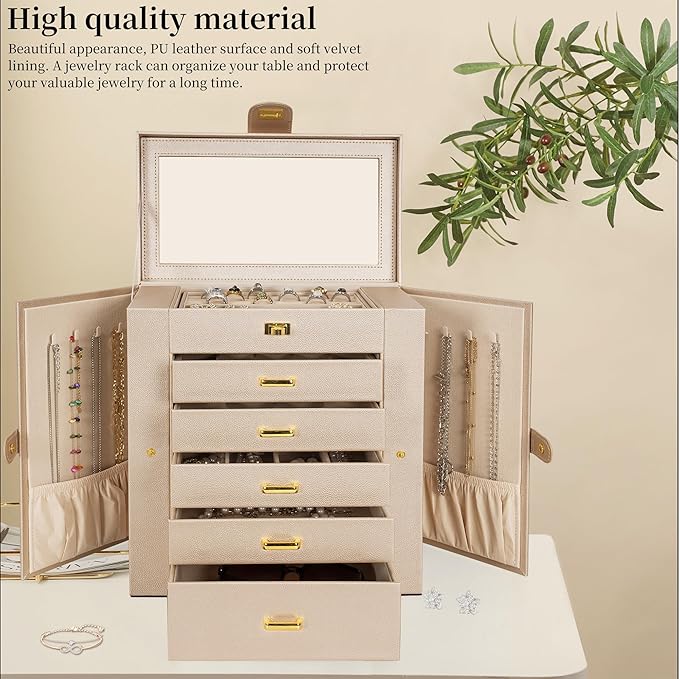 AKOZLIN Huge Jewelry Box Organizer Functional Extra Large Leather Jewelry Storage Case for Women Girls Ring Necklace Earring Bracelet Holder Organizer with Mirror