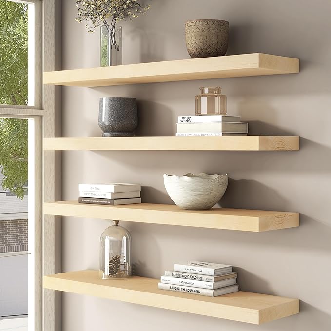 Floating Shelves for Wall, USA-Sourced Maple Wood 24 Inch Wall Shelves Set of 2, Natural Wooden Mounted Picture Ledge Shelf, Nursery Book Storage Shelf Kids Bookshelf, Display Shelf for Bathroom