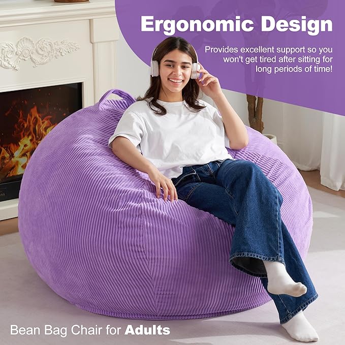 Homguava 3.5FT Bean Bag Chair: Teardrop Bean Bags with Memory Foam Filled, Compact Beanbag Chairs Soft Sofa with Corduroy Cover (Purple)