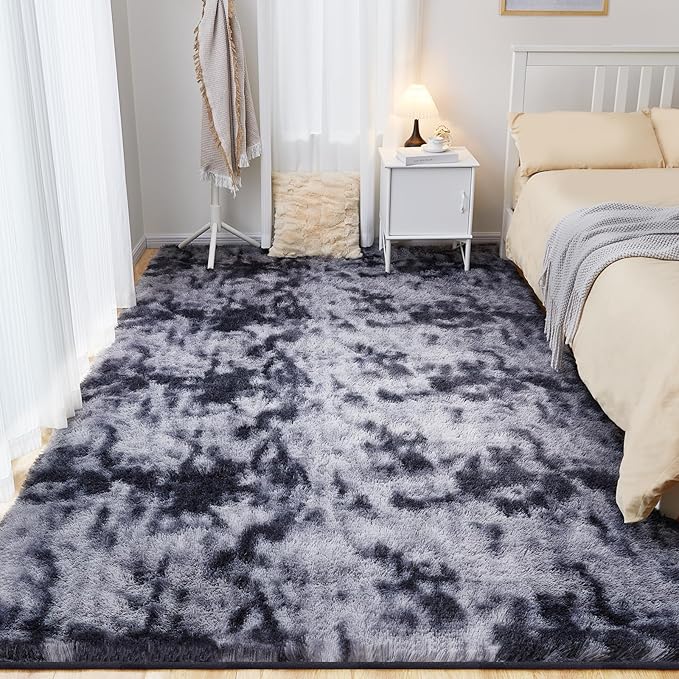 6x9 Area Rugs for Living Room, Fluffy Shaggy Bedroom Rug Indoor Carpet, Anti-Skid Soft High Pile Rug for Nursery, Kids Room, Bedside, Home Decoration, Tie-Dyed Dark Grey
