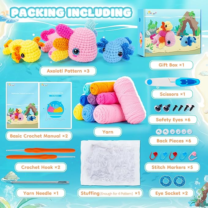 Crochet Kit for Beginners-3PCS Axolotl Crochet Kits for Adults Kids, Crochet Starter Kit with Step-by-Step Video Tutorials, Crochet Animals Kits DIY Craft Knitting Kit Learn to Crochet Kits for Adults