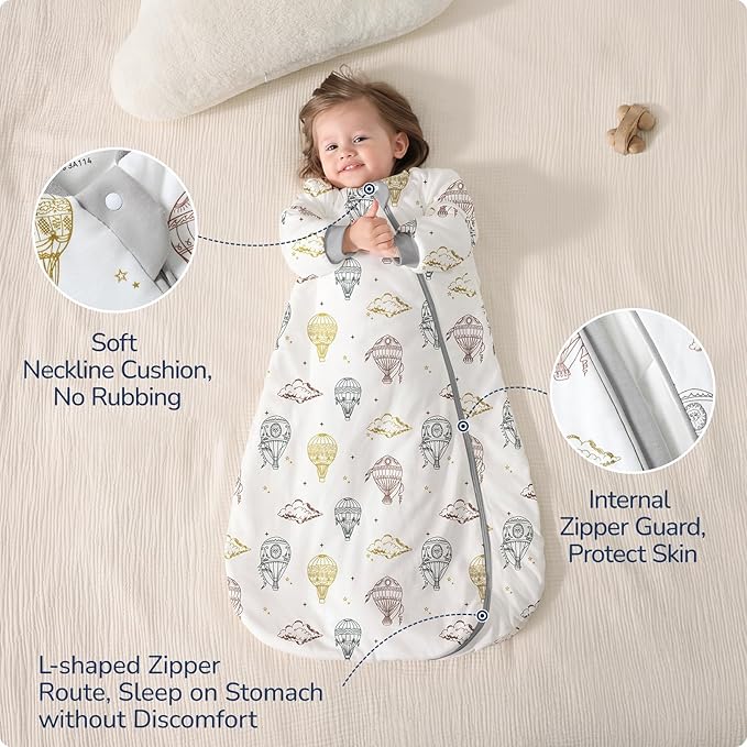 Baby Sleep Sack 18-24 Months, Cotton Detachable Long Sleeve Sleep Sack, 2.5 Tog Toddler Sleeping Sack with Temperature Strips, 2-Way Zipper Wearable Blankets for Newborns, Hot Air Balloon
