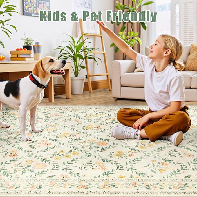 8x10 Area Rugs for Living Room: Floral Washable Rug Vintage Large Soft Boho Non-Slip Carpet Indoor Floor Stain Resistant Carpets for Bedroom Dining Room Farmhouse Nursery Home Office Beige/Multi