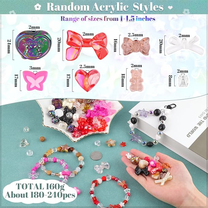 Assorted 180-240PCS Acrylic Beads for Bracelet Making, Bow Butterfly Candy Heart Gummy Bear Kawaii Aesthetic Bracelet Charms,Cute Beads for Jewelry Making DIY Necklace Keychain Phone Charm
