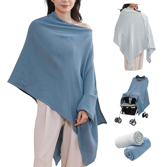 2-Pack Nursing Covers for Breastfeeding, 100% Organic Cotton Muslin Breastfeeding Cover, Multi-Use Nursing Scarf, Car Seat Canopy, Stroller Cover, Soft Breathable Baby Blanket Grey