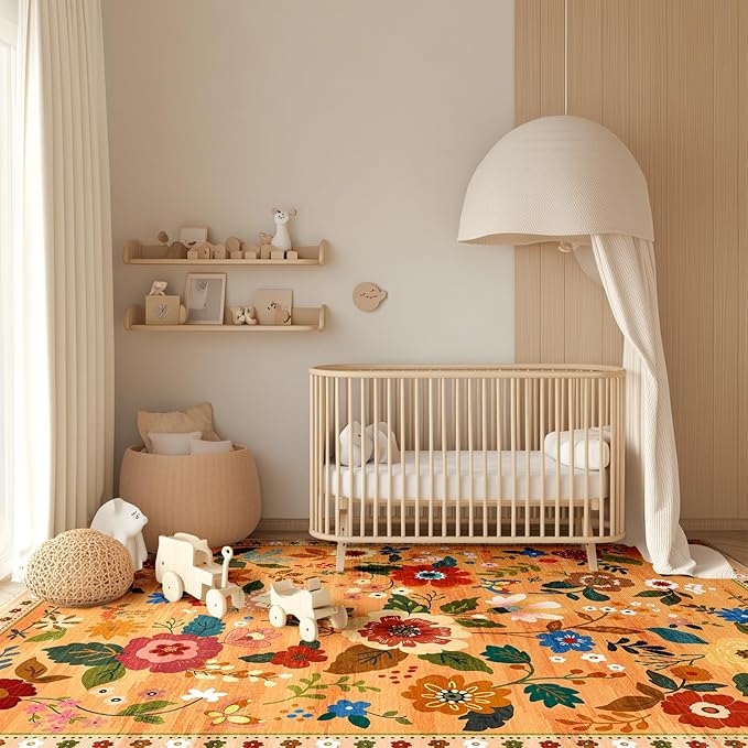 Floral 4x6 Area Rug Machine Washable Soft Print Boho Carpet Non Slip Doormat Low Pile Flower Area Rugs for Living Room Bedroom Nursery Kitchen Dining Room Indoor-Yellow/Orange