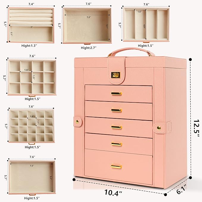 AKOZLIN Large Jewelry Box Organizer Functional Lockable with Big Mirror, Leather Jewelry Storage Case for Women Girls Ring Necklace Earring Bracelet Holder Organizer Pink