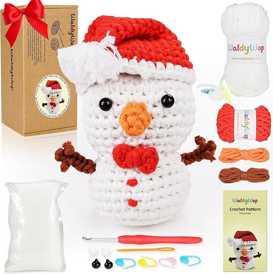 Christmas Snowman Crochet Kit for Beginners, Crochet Starter Kit for Kids Adults, Learn to Crochet w/Step-by-Step Video Tutorials, Pre-Started Yarn, Hook, DIY Amigurumi Craft Gifts for Christmas Décor
