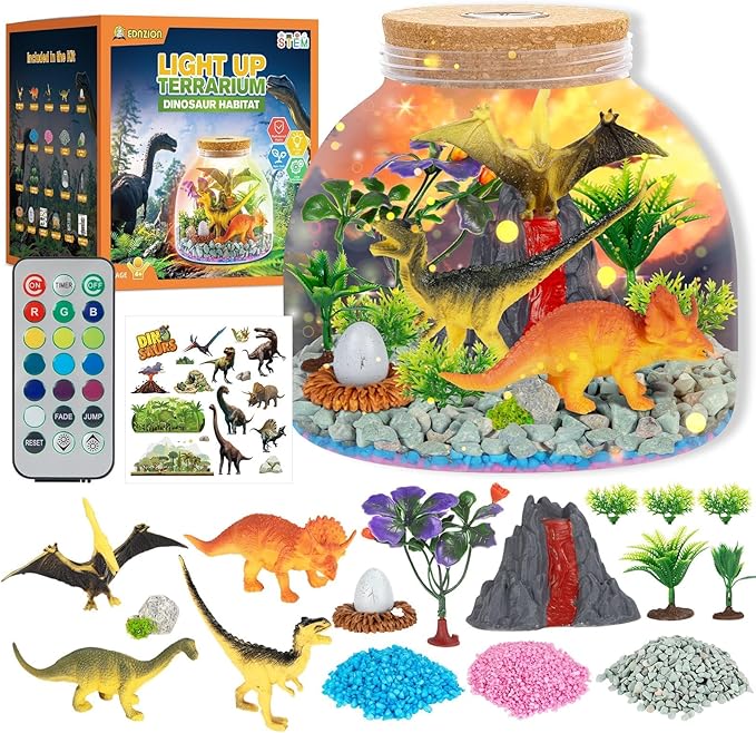 Dinosaur Light Up Terrarium for Boys – DIY Prehistoric Garden with LED | STEM Toy & Craft Gift for Kids Ages 4-8, Perfect for Birthday or Christmas