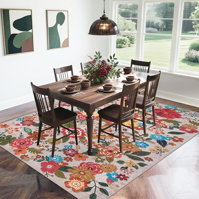 8x10 Area Rug for Living Room: Vintage Floral Washable Rug Soft Boho Non Slip Carpet Large Indoor Floor Non Shedding Low Pile Thin Carpets for Bedroom Dining Room Farmhouse Nursery Home Office Beige