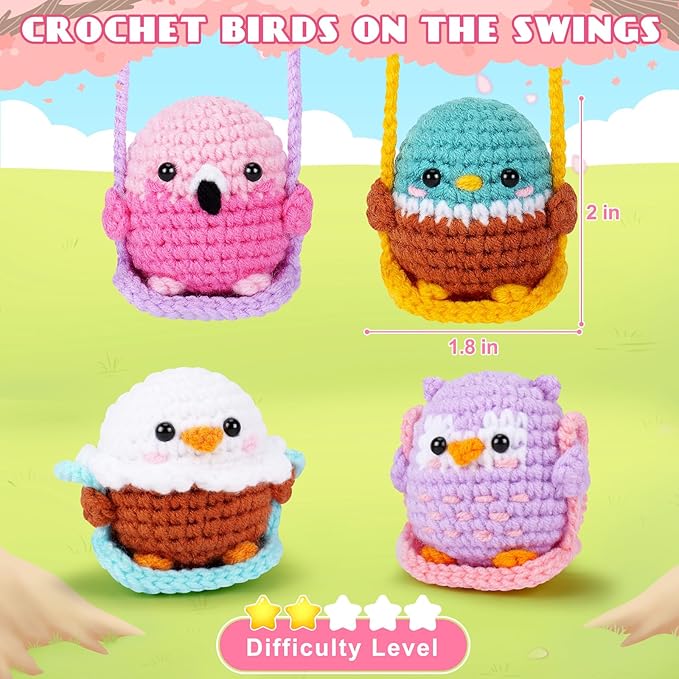 Crochet Kit for Beginners -4 PCS Bird Crochet Kits with Step-by-Step Video Tutorials, Beginner Crochet Kit for Adults and Kids, Crochet Birds On The Swings(Mallard Bald Eagle Flamingo Owl)
