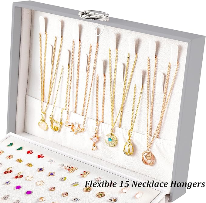 Earring Jewelry Box for Women Girls Stud Organizer, 5 Layers Grey Jewelry Organizer Box With Lock Earring Holder Organizer Ring and Necklace Jewelry Box with Earrings Holder for Women Girls