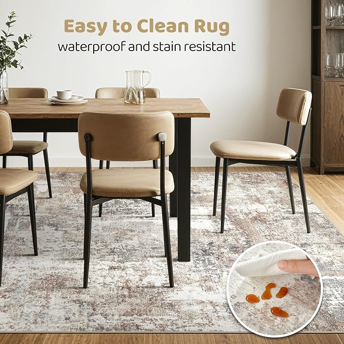 4x6 Rug Washable Area Rugs: Abstract Modern Soft Stain Resistant Indoor Floor Accent Non Slip Carpet for Living Room Entryway Kitchen Bedroom Nursery Office Bedside Home House Decor- Brown