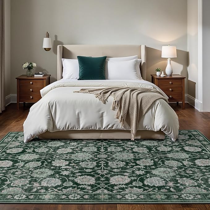 6x9 Area Rug for Living Room & Bedroom, Washable Non-Slip Floral Rugs, Soft Vintage Carpet, Low Pile Wool Carpets for Indoor Dining Home Office Playroom Under Table, Modern Decor, Dark Green
