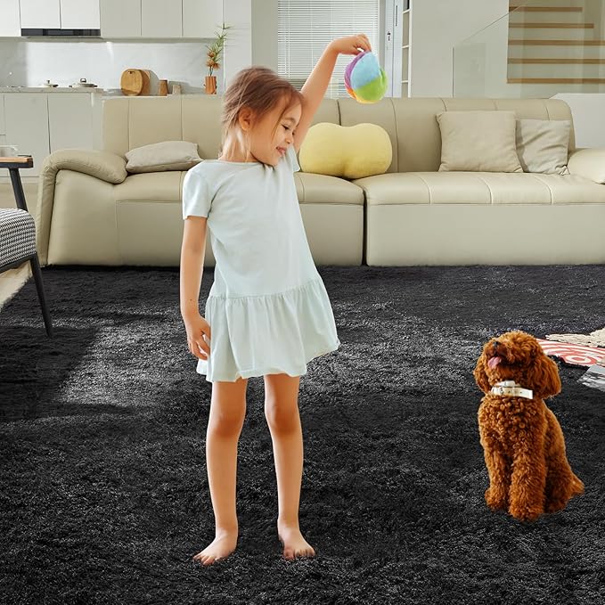 5X8 Ultra Soft Rug for Living Room, Fluffy Shag Area Rug for Bedroom, Modern Shaggy Carpets Fuzzy Rug for Teens Dorm Nursery Home Decor Aesthetic, Upgrade Anti-Skid Durable, Black