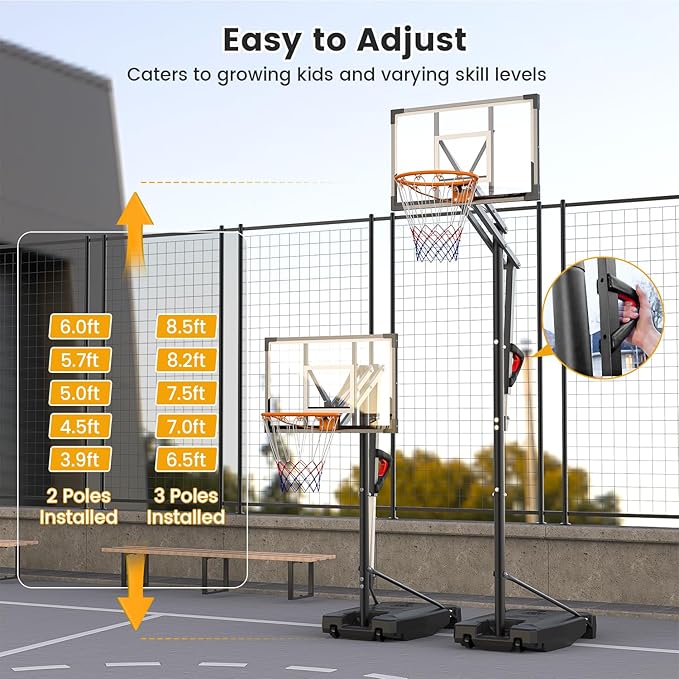 Basketball Hoop Outdoor, 8.5ft Height Adjustable Portable Hoops & Goals with HDPE Backboard and Wheels for Kids/Teens/Adults Backyard, Outdoor, Driveway
