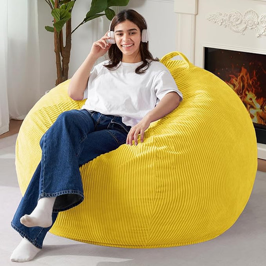 Homguava 3.5FT Bean Bag Chair: Teardrop Bean Bags with Memory Foam Filled, Compact Beanbag Chairs Soft Sofa with Corduroy Cover (Yellow)