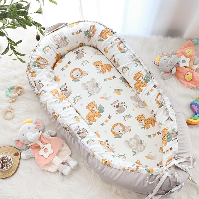 Baby Lounger Cover for Boys Girls, Reversible Baby Nest Cover, Adjustable Baby Lounger Replaceable Cover for Infant Newborn, Portable and Machine Washable, Cotton Gray Elephant Cover Only