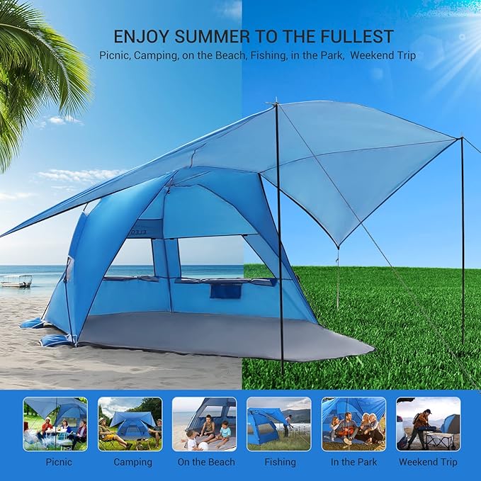 Elegear Beach Tent with Canopy, 1-Second Setup Pop Up Sun Shelter Shade, UPF 50+ UV Protection Silver-Coated Lightweight Portable Beach Cabana