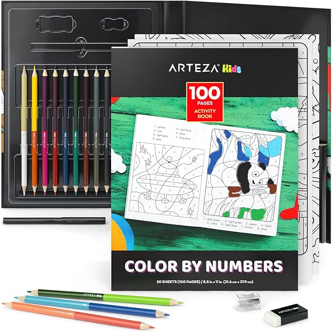 Arteza Kids Activity Book, Color by Numbers Coloring Book, 8.5 x 11 Inches, School Supplies for Ages 6 and Up, 50 Sheets, 12 Double-Ended Colored Pencils, Black Marker, Eraser, Sharpener