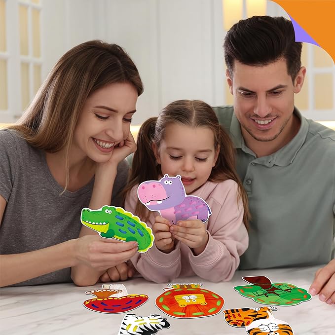 9 Pieces Lacing Cards, Double Sided Sewing Cards in 9 Jungle Animals with 9 Colorful Laces, Imagination Development Lacing Toys Games Educational and Learning Activity for Preschoolers, Kids