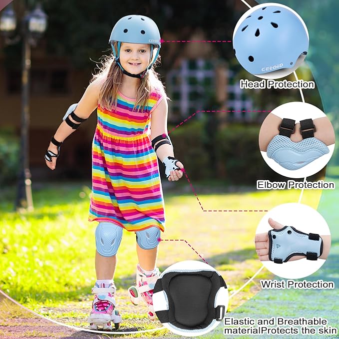 Kids Bike Skateboard Helmet Pad Set,Toddler Cyling Protective Gear Knee & Elbow Pads Wrist Guards for 5-8-10-12-14-16 Years Girls Boys Bicycle Scooter Roller Skate Inline Skating Rollerblading
