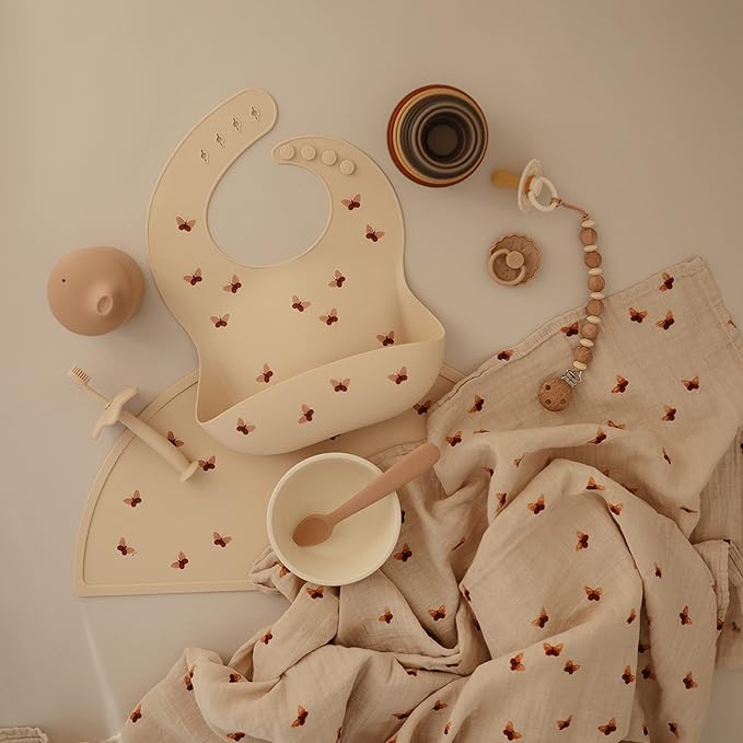 mushie Silicone Baby Bib | Adjustable Fit Waterproof Bibs (Butterflies)