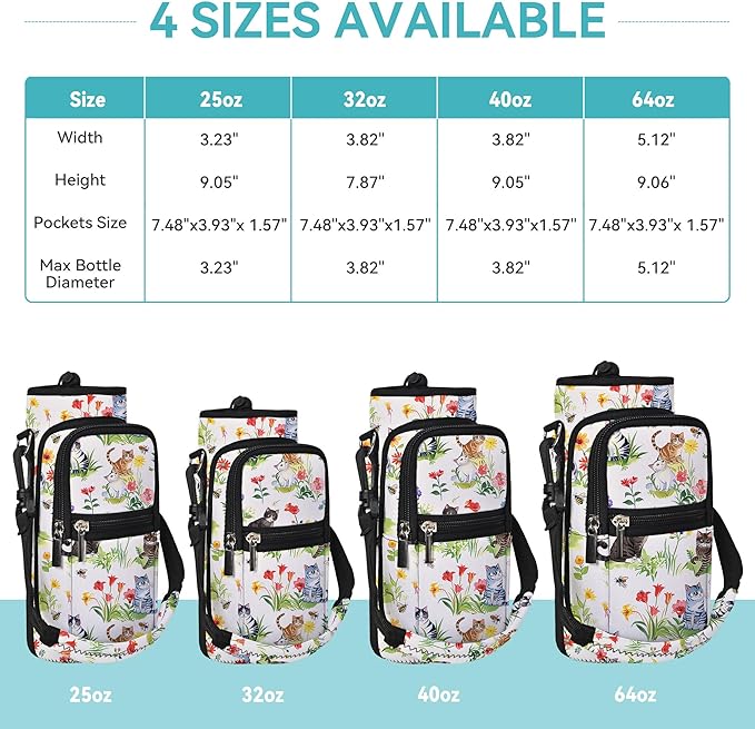 25/32/40/64oz Water Bottle Bag Holder Carrier-Insulated Crossbody Sling Case Sleeve with Strap & Pockets for Men Women Gym Cycling Travel Walking Hiking Camping