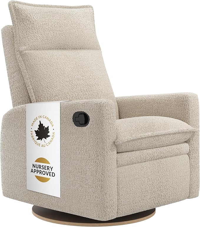 Jaymar Arya Modern Nursery Glider Recliner Chair – Cozy Nursing Chair with 360° Swivel for New Parents, Gentle Motion, Compact Design, High Back & Low Armrests, Canadian Made (Sand/Puppy Fabric)