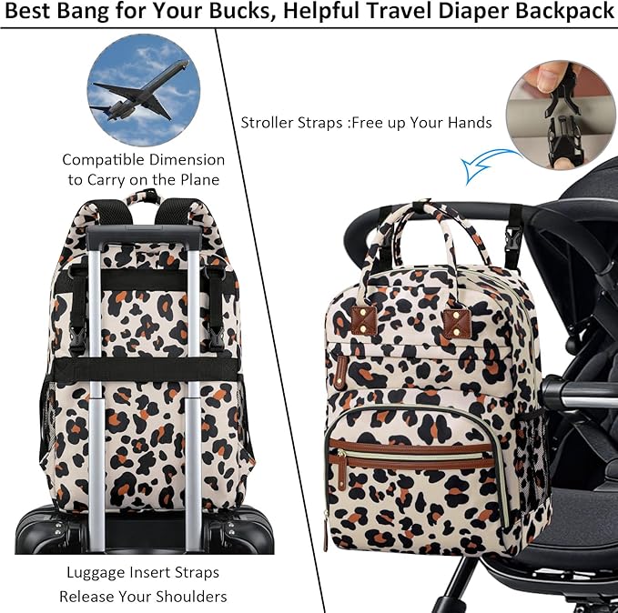 Diaper Bag Backpack Tote for Women Large Capacity, Baby with Insulated Pockets Multifunctional Bags For Girl Boy Waterproof Boys Girls Mama Maternity Travel Leopard