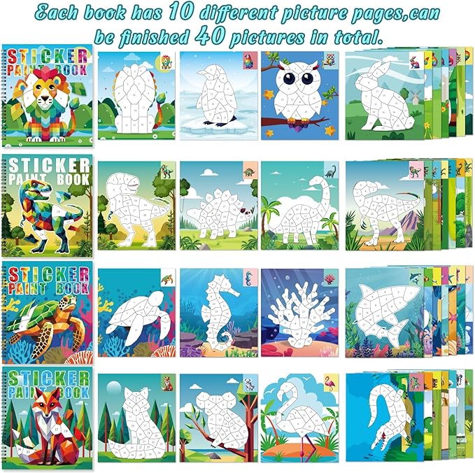 90shine 4PCS Crafts for Kids Ages 4-8 Sticker Paint Books Includes Dinosaur Marine Land Animals Multicolored Design Gifts Create 40 Pictures
